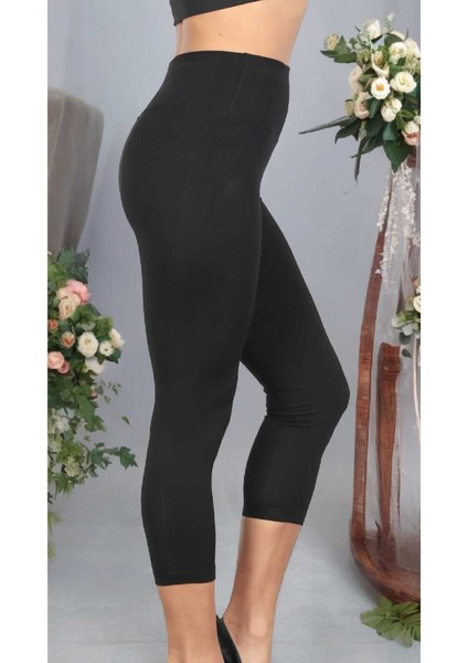 Yüksek Bel Capri Boy Tayt - Viskon Likralı Desensiz Kadın Genç Spor Giyim Dar Paça Tayt