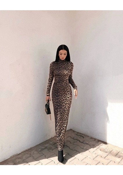 Kadın Uzun Kollu Balıkçı Yaka Gull Likralı Leopar Desen Maxi Boy Elbise indirimleri