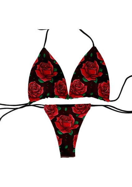 Özel Tasarım Kırmızı Güller Baskılı Scuba Brazilian Beachwear Luxury Kadın Bikini Takımı