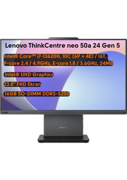 Thinkcentre Neo 50A 24 Gen 5 Intel Core I7 13620H 16GB 2tb SSD 23.8" Fhd Freedos All In One Bilgisayar 12SC000KTR O3