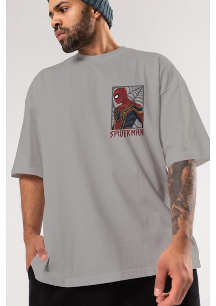 Spiderman (8) Ön Sol Baskılı Oversize T-Shirt Erkek Kadın Unisex Pamuk Bisiklet Yaka Tişort
