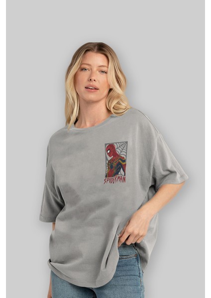 Spiderman (8) Ön Sol Baskılı Oversize T-Shirt Erkek Kadın Unisex Pamuk Bisiklet Yaka Tişort