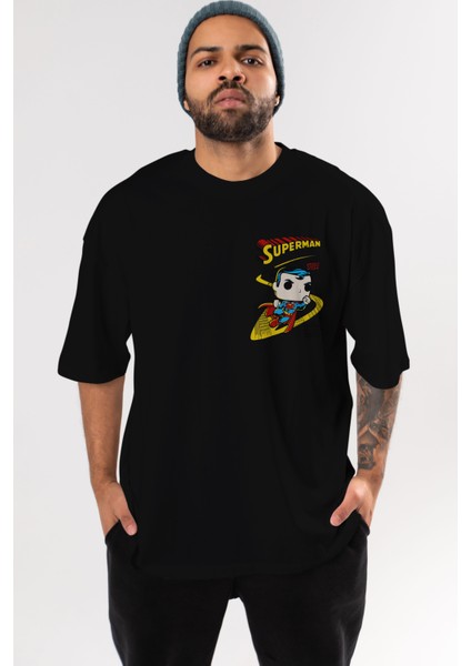 Superman (2) Ön Sol Baskılı Oversize T-Shirt Erkek Kadın Unisex %100 Pamuk Bisiklet Yaka Tişort