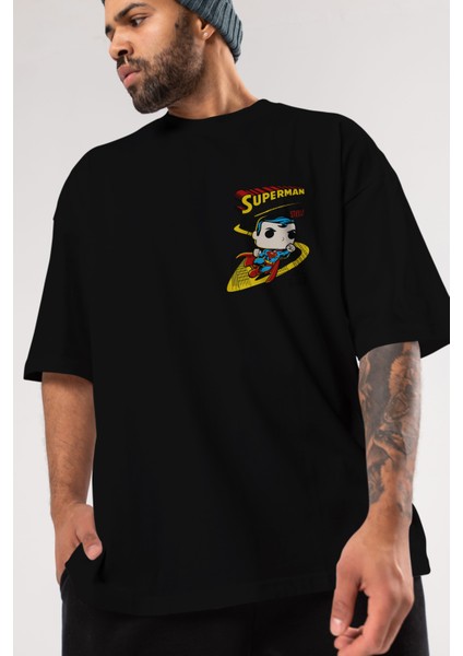 Superman (2) Ön Sol Baskılı Oversize T-Shirt Erkek Kadın Unisex %100 Pamuk Bisiklet Yaka Tişort