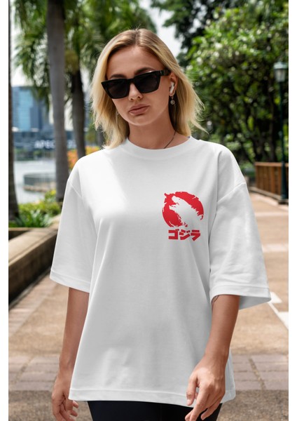 Team Godzilla Ön Sol Baskılı Oversize T-Shirt Erkek Kadın Unisex Pamuk Bisiklet Yaka Tişort