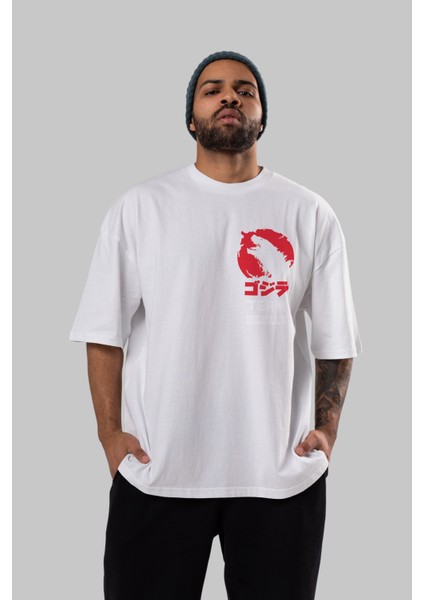 Team Godzilla Ön Sol Baskılı Oversize T-Shirt Erkek Kadın Unisex Pamuk Bisiklet Yaka Tişort
