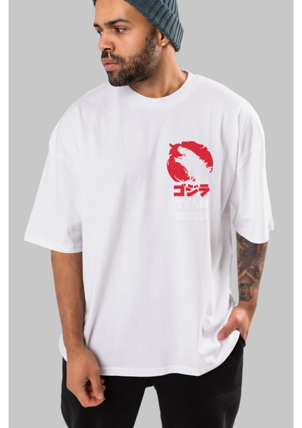 Team Godzilla Ön Sol Baskılı Oversize T-Shirt Erkek Kadın Unisex Pamuk Bisiklet Yaka Tişort