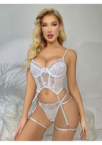 Desenli Dantel Jartiyer - Tül Detaylı Fantezi Sütyen Jartiyer Takım Gecelik