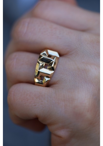 14 Ayar Altın Taşsız T Desenli Yüzük modelleri