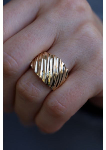 14 Ayar Altın Taşsız Geniş Şerit Dizisi Işıltılı Yüzük 2