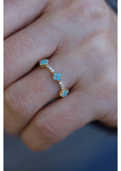 14 Ayar Altın Firuze Taş Detaylı Taşlı Ince Yüzük