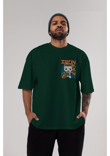 Iron Man (4) Ön Sol Baskılı Oversize T-Shirt Erkek Kadın Unisex Pamuk Bisiklet Yaka Tişort