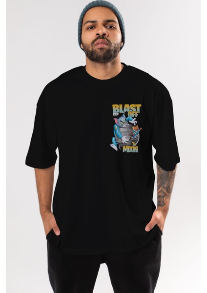 Tom ve Jerry Ön Sol Baskılı Oversize T-Shirt Erkek Kadın Unisex Pamuk Bisiklet Yaka Tişort
