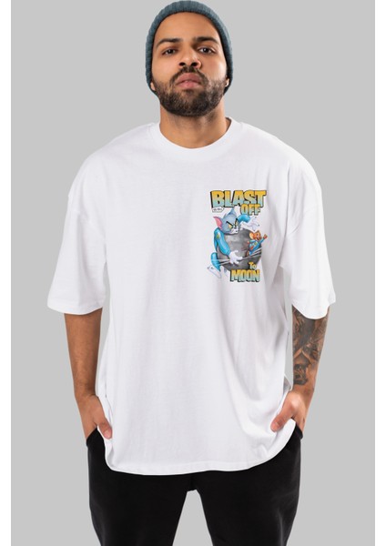 Tom ve Jerry Ön Sol Baskılı Oversize T-Shirt Erkek Kadın Unisex Pamuk Bisiklet Yaka Tişort
