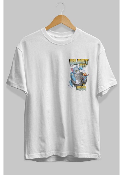 Tom ve Jerry Ön Sol Baskılı Oversize T-Shirt Erkek Kadın Unisex Pamuk Bisiklet Yaka Tişort fiyatları
