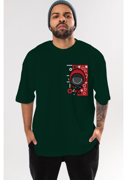 Squid Game (4) Ön Sol Baskılı Oversize T-Shirt Erkek Kadın Unisex Pamuk Bisiklet Yaka Tişort