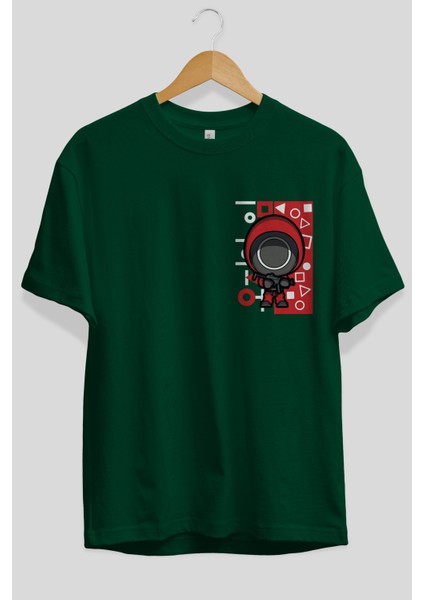 Squid Game (4) Ön Sol Baskılı Oversize T-Shirt Erkek Kadın Unisex Pamuk Bisiklet Yaka Tişort