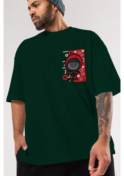 Squid Game (4) Ön Sol Baskılı Oversize T-Shirt Erkek Kadın Unisex Pamuk Bisiklet Yaka Tişort