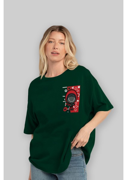 Squid Game (4) Ön Sol Baskılı Oversize T-Shirt Erkek Kadın Unisex Pamuk Bisiklet Yaka Tişort