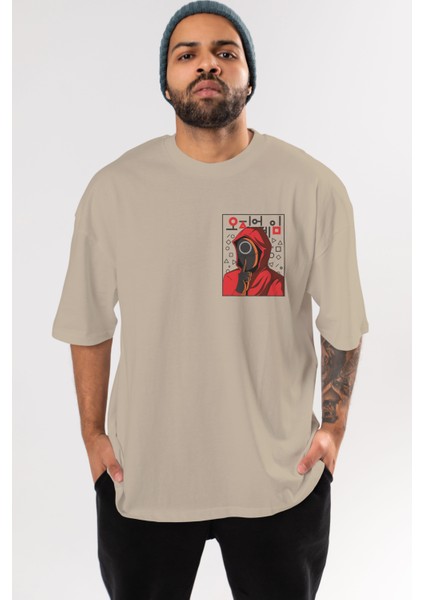 Squid Game (5) Ön Sol Baskılı Oversize T-Shirt Erkek Kadın Unisex Pamuk Bisiklet Yaka Tişort
