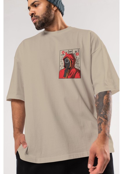 Squid Game (5) Ön Sol Baskılı Oversize T-Shirt Erkek Kadın Unisex Pamuk Bisiklet Yaka Tişort