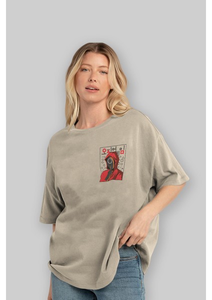 Squid Game (5) Ön Sol Baskılı Oversize T-Shirt Erkek Kadın Unisex Pamuk Bisiklet Yaka Tişort