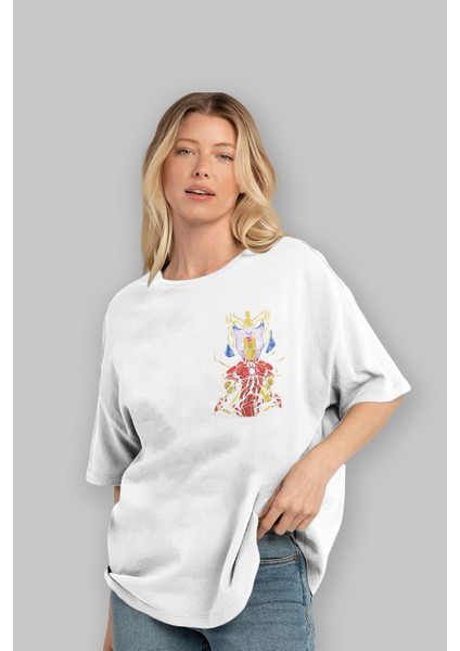 Iron Man (3) Ön Sol Baskılı Oversize T-Shirt Erkek Kadın Unisex Pamuk Bisiklet Yaka Tişort
