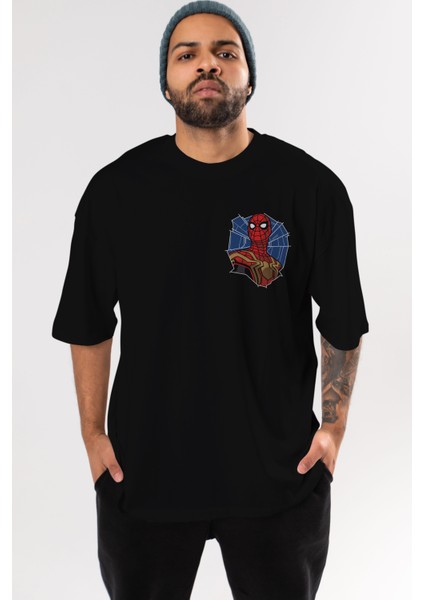 Spiderman (29) Ön Sol Baskılı Oversize T-Shirt Erkek Kadın Unisex Pamuk Bisiklet Yaka Tişort