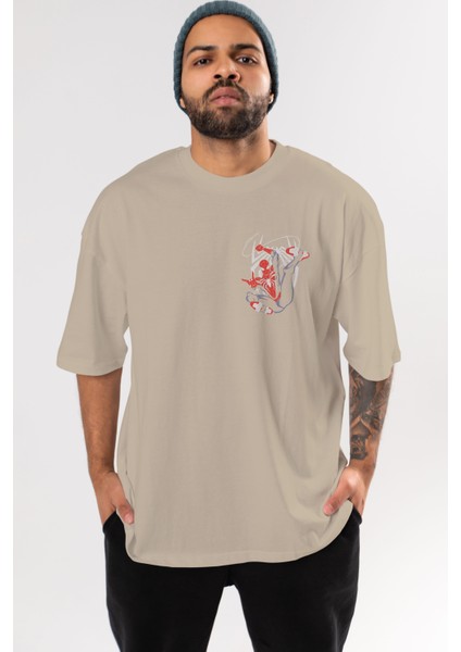 Spiderman (19) Ön Sol Baskılı Oversize T-Shirt Erkek Kadın Unisex Pamuk Bisiklet Yaka Tişort