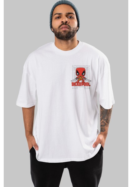 Deadpool (17) Ön Sol Baskılı Oversize T-Shirt Erkek Kadın Unisex Pamuk Bisiklet Yaka Tişort