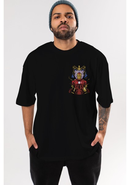 Iron Man (3) Ön Sol Baskılı Oversize T-Shirt Erkek Kadın Unisex Pamuk Bisiklet Yaka Tişort