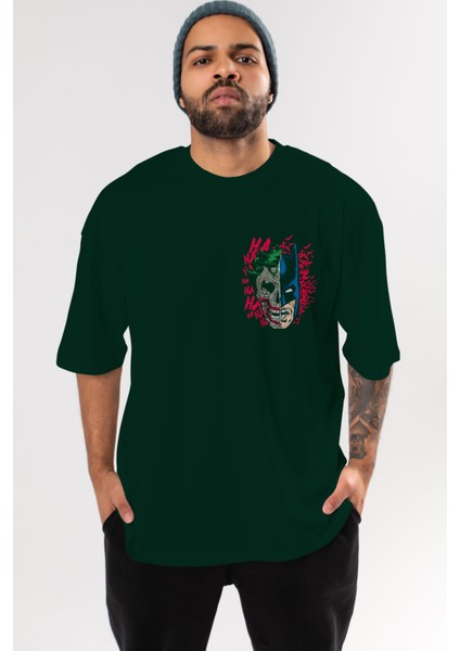 Joker Batman Ön Sol Baskılı Oversize T-Shirt Erkek Kadın Unisex Pamuk Bisiklet Yaka Tişort