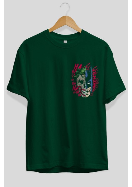 Joker Batman Ön Sol Baskılı Oversize T-Shirt Erkek Kadın Unisex Pamuk Bisiklet Yaka Tişort
