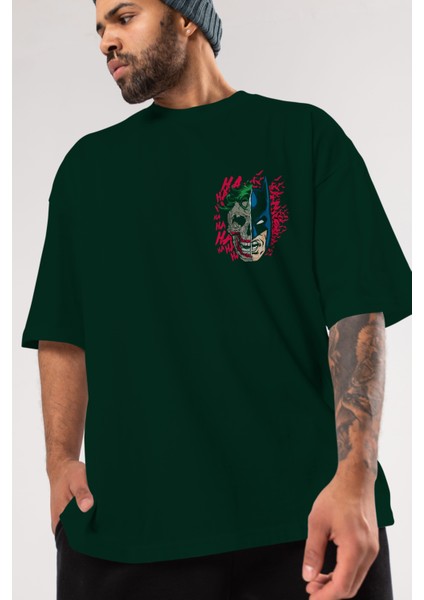 Joker Batman Ön Sol Baskılı Oversize T-Shirt Erkek Kadın Unisex Pamuk Bisiklet Yaka Tişort
