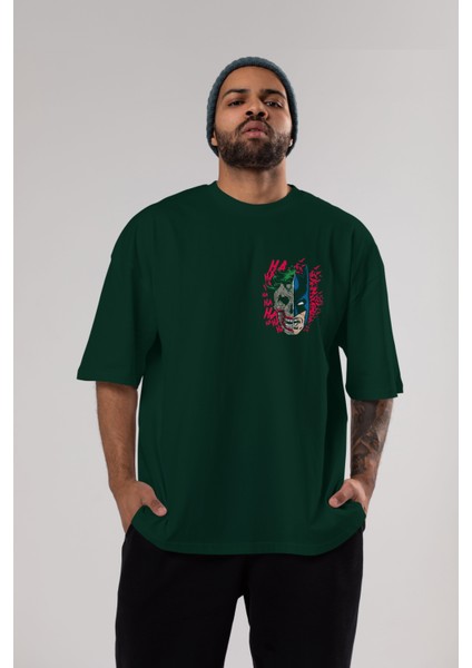Joker Batman Ön Sol Baskılı Oversize T-Shirt Erkek Kadın Unisex Pamuk Bisiklet Yaka Tişort