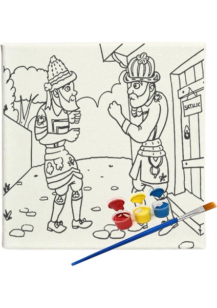 20X20 Resimli Tuval Çocuk Boyama Seti-Hacivat KARAGÖZ_MODEL16 Resimli 3 Boya 1 Fırça