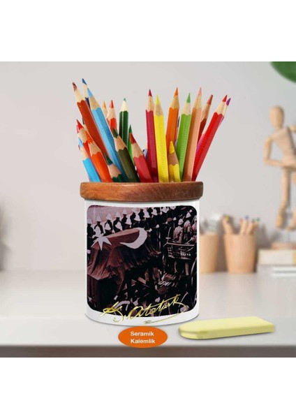 Mustafa Kemal Atatürk Son Veda Ahşap Seramik Kalemlik - S130