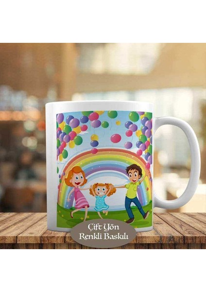 Gökkuşağında Mutlu Aile Tablosu Baskılı Kupa Bardak HEDIYELIK-5072