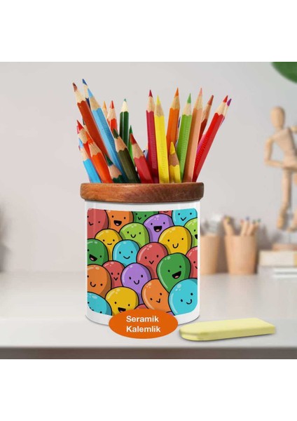 Renkli Gülen Suratlar Ahşap Seramik Kalemlik - 23-2147811636 fiyatları