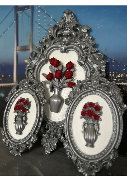 Gümüş Kırmızı Çiçekli 3lü Tablo Set