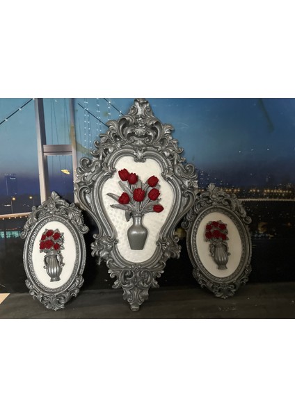 Gümüş Kırmızı Çiçekli 3lü Tablo Set