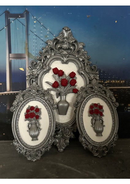Gümüş Kırmızı Çiçekli 3lü Tablo Set