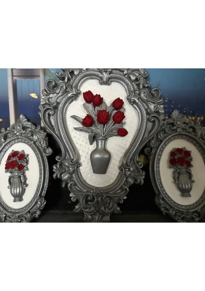 Gümüş Kırmızı Çiçekli 3lü Tablo Set