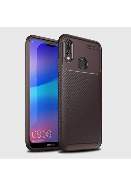 Huawei P20 Lite Kılıf Karbon Desenli Sert Silikon Arka Kapak Negro Kahverengi