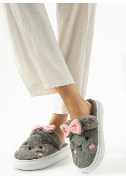 Ev Terliği Tavşan Desenli Yünlü Yumuşak Yüksek Kaymaz Taban Ev Terliği Çeyizlik ve Gündelik