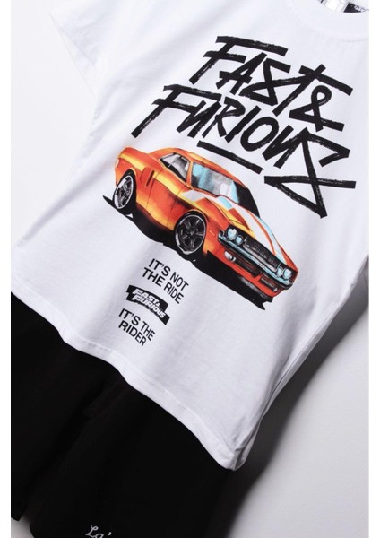 Erkek Çocuk Fast & Furious Baskılı Çocuk Şort Tişört Alt Üst Takım Beyaz