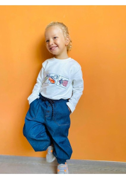 Erkek Çocuk Kaydıraklı Fiğürlü Body ve Jean Alt-Üst Takım Beyaz