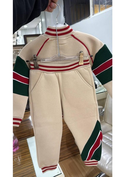Unisex Fermuarlı Hırka Şardonlu Alt-Üst Takım Krem