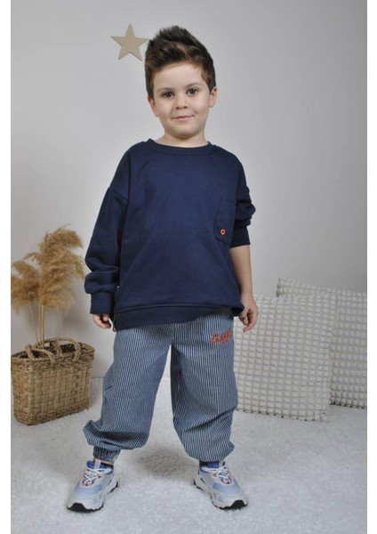 Erkek Çocuk Sweatshirt ve Dokuma Çizgili Alt-Üst Takım Lacivert
