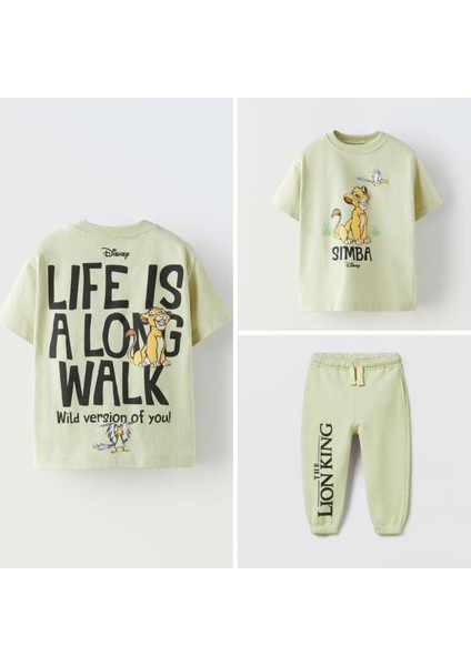 Çocuk Yeşil Lion Aslan Kral Desenli Pamuklu Oversize T-Shirt Eşofman Alt-Üst Takım Yeşil fiyatları